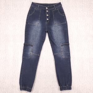Denim Jogger Cargo Pants Womens M Blue Dark Wash Faded Elastic Hem Trendy Modern